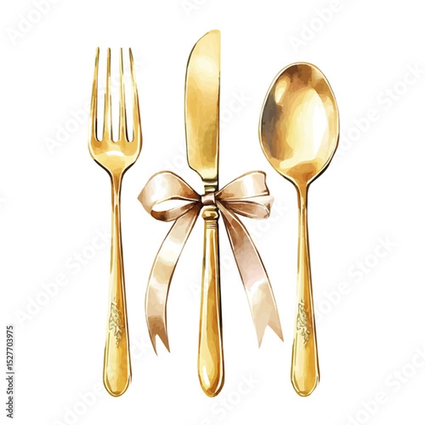 Fototapeta Golden Cutlery Set With Ribbon Tie, watercolor vector, high quality, isolated on a white background.