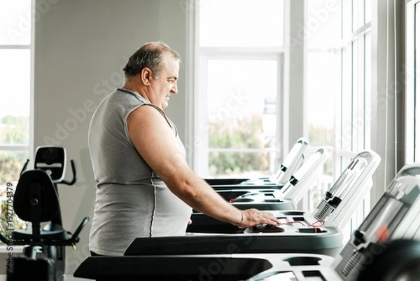 Fototapeta Overweight senior man preparing to use a treadmill in a bright gym, promoting wellness and a healthy lifestyle. Focused on fitness, aging healthily, and improving personal well-being.