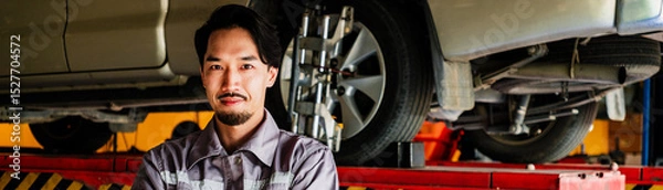 Fototapeta Confident auto mechanic in gray uniform stands with arms crossed in front of elevated vehicle at repair shop, representing expert service, professional inspection, and car maintenance confidence.