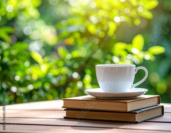 Obraz cup of coffee and book on wooden table Relaxing Outdoor Reading with Coffee and Flowers