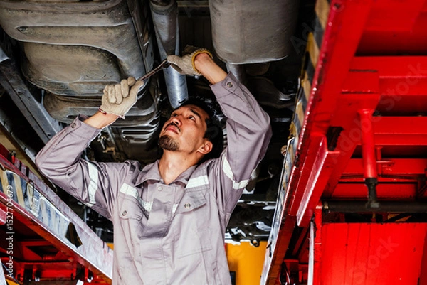 Fototapeta Auto mechanic in gray uniform tightening components under a raised car in a repair shop, performing hands-on maintenance with a wrench during routine vehicle inspection and mechanical servicing.