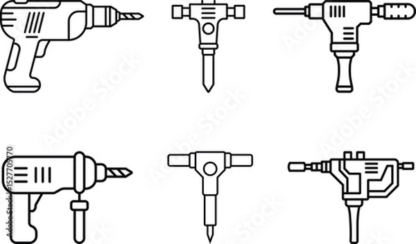 Fototapeta Minimalist Line Art Set of Six Power Tools in Black and White