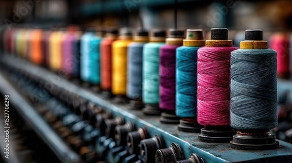 Fototapeta Assortment of colorful thread spools on machine creates a vibrant textile