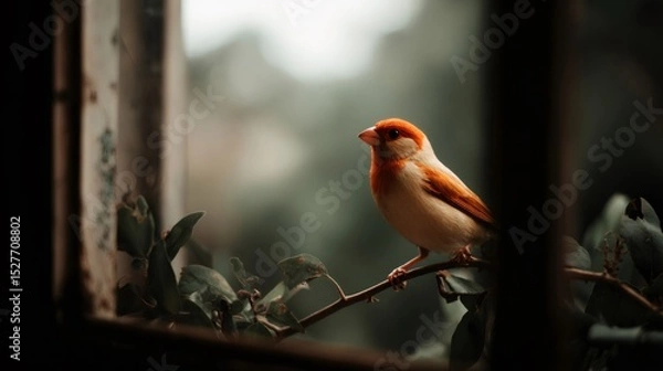Obraz Small orange bird perched on a thin branch near an open window, enjoying the sunlight and observing the surroundings