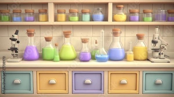 Obraz Vibrant cartoon science lab featuring microscopes, beakers, colorful potions on shelves and laboratory workspace