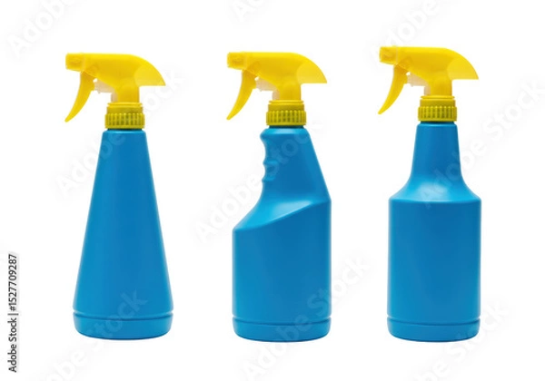 Fototapeta Isolated Trio of Blue Spray Bottles with Yellow Nozzles