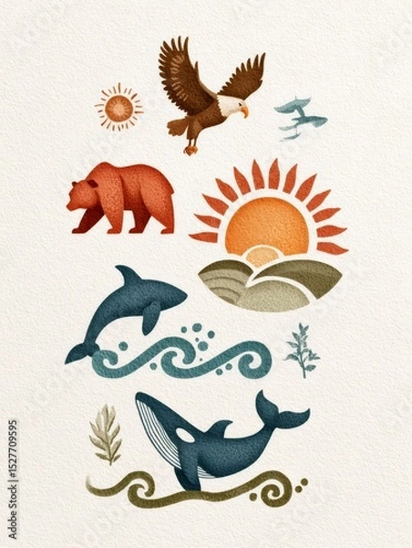 Obraz Abstract and minimalist illustration representing wildlife, featuring bear, whales, eagle and sun, promoting environmental conservation and awareness