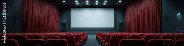 Obraz Empty red theater seats facing large screen in modern cinema hall