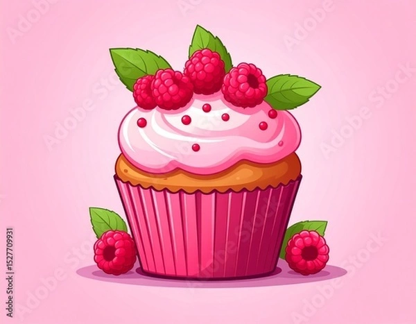 Fototapeta Delicious Cartoon Raspberry Muffin Illustration on a Pink Background 