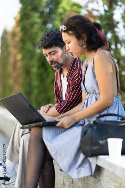 Fototapeta Young professionals engaged in outdoor collaboration with a laptop, discussing creative ideas during a sunny day in a park setting
