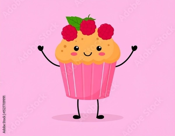 Fototapeta Happy Dancing Raspberry Muffin Character Dancing on a Red Background 