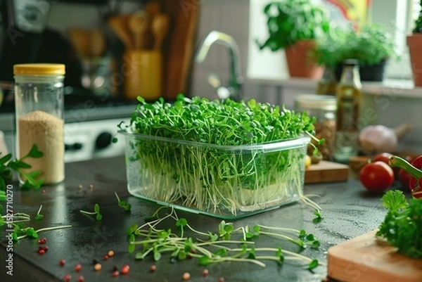 Fototapeta healthy green microgreens in clear glass container, surrounded by cooking essentials, highlighting eco friendly eating and contemporary food styling