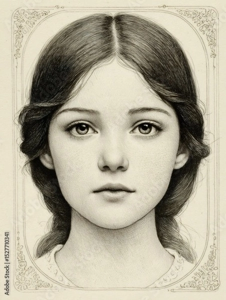 Obraz Detailed pencil portrait of woman framed by delicate floral elements, evoking nostalgic vintage elegance and feminine charm