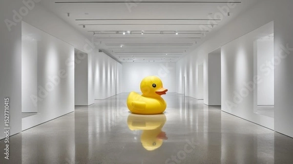 Fototapeta A big yellow duck doll sits quietly in the center of a clean white gallery space, creating a playful contrast in a minimalist art setting.  