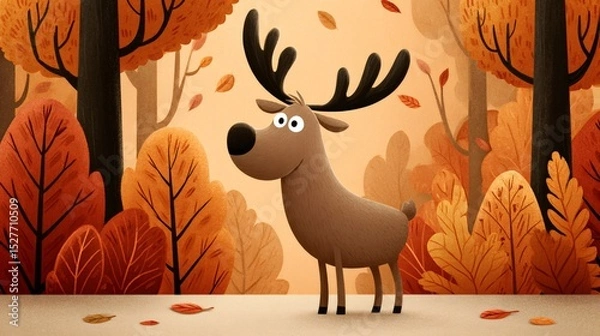 Obraz Cartoon moose enjoying the falling leaves in an autumn forest, creating a whimsical and charming fall scene