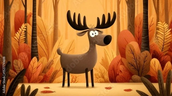 Obraz Cartoon moose standing in the middle of an autumn forest with orange leaves and trees, enjoying the beautiful fall foliage