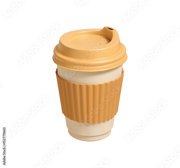 Fototapeta disposable paper coffee cup with a lid and ribbed sleeve vector 3D icon.