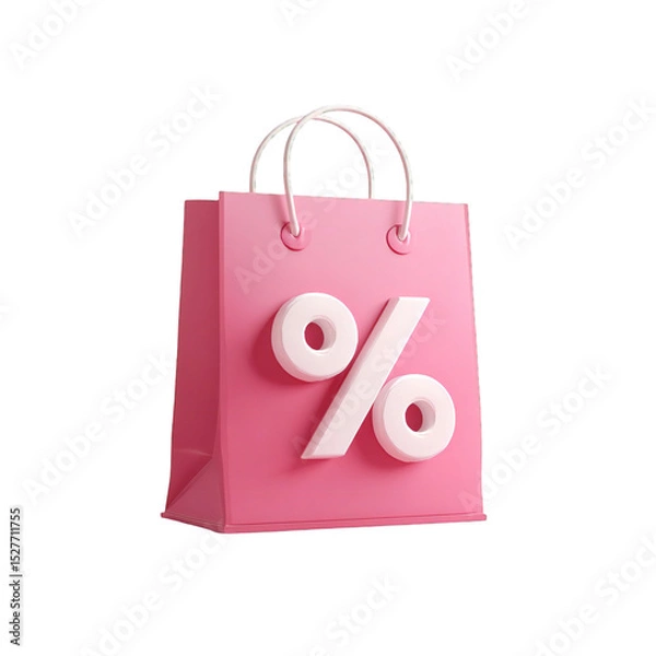 Fototapeta A pink shopping bag with white handles and a white percentage sign on a black background isolated isolated white background