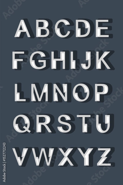 Fototapeta 3D vector alphabet with overlapping shadows and abstract geometry. Minimalist grayscale design with creative letterforms.