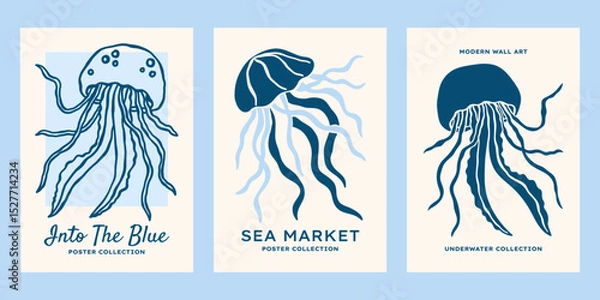 Fototapeta Underwater ocean creatures vector posters set. Minimalist retro sea print designs with jellyfishes illustrations