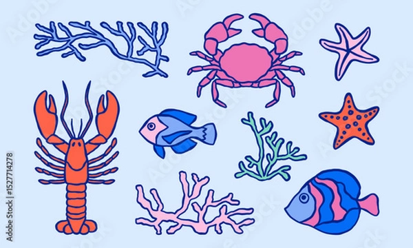 Fototapeta Underwater ocean life minimalist simple illustrations set. Sea fishes, starfishes, seaweeds, corals, crab, lobster vector doodles