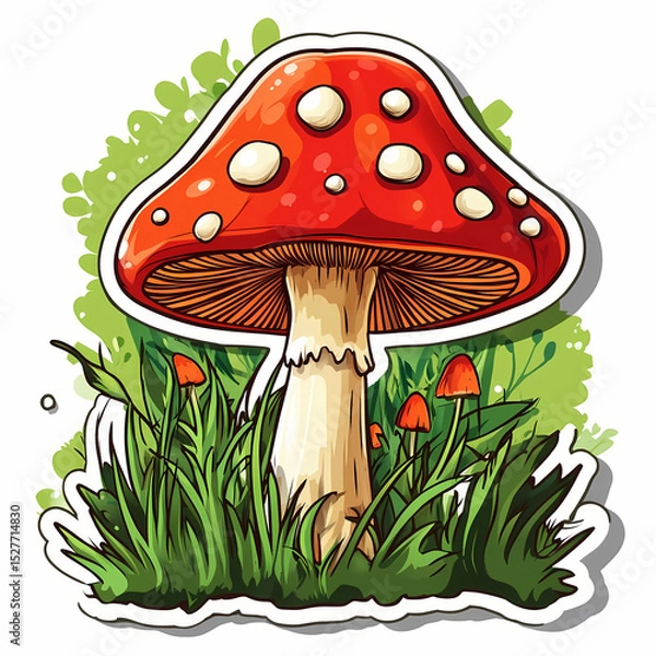 Fototapeta Colorful red mushroom with white spots in a grass patch Generative AI