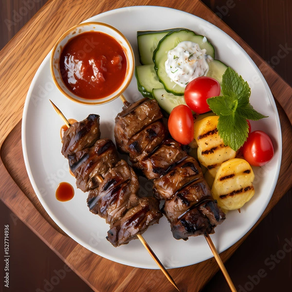 Fototapeta Savory skewers served with fresh vegetables and dipping sauce for dinner Generative AI
