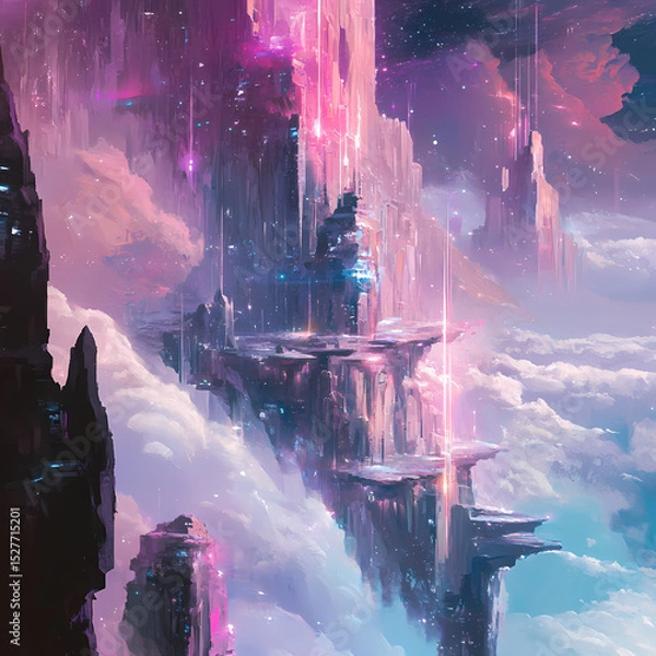 Fototapeta Majestic floating islands illuminated by cosmic light in a vibrant sky Generative AI