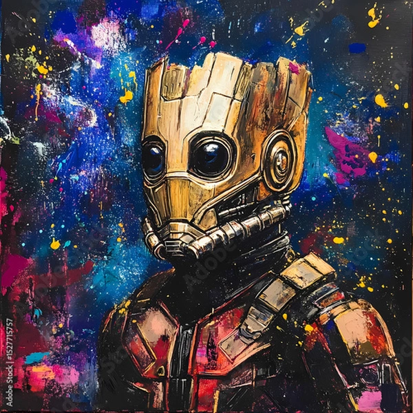 Fototapeta Wooden robot stands out against vibrant galaxy background Generative AI
