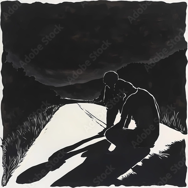 Fototapeta Two figures seated on the road under a dark sky at twilight Generative AI