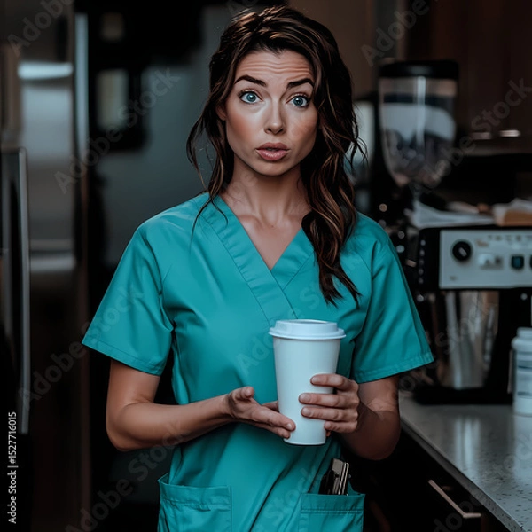 Fototapeta Nurse holding a cup of coffee in a hospital breakroom Generative AI