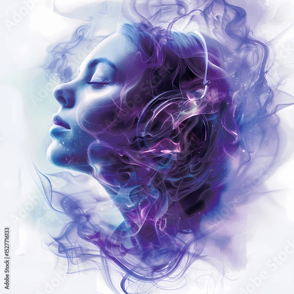 Fototapeta Woman in profile surrounded by purple and blue smoke Generative AI