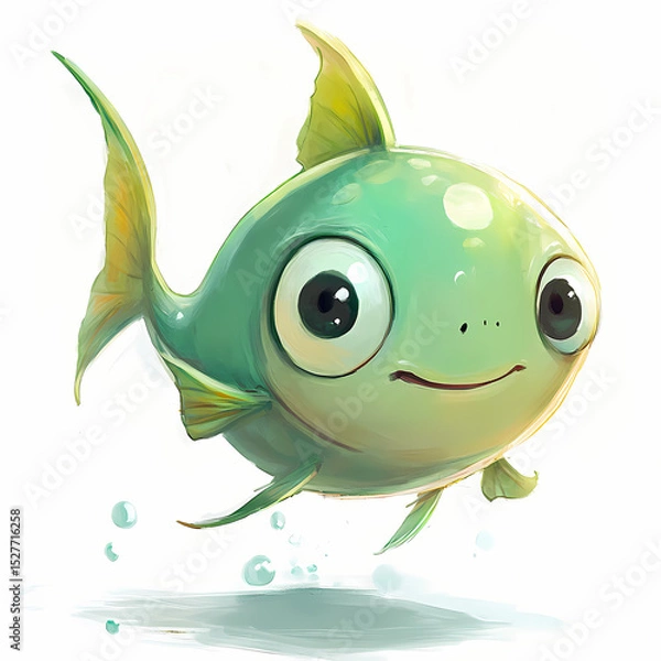 Fototapeta Cute green fish swims playfully with bubbles underwater Generative AI