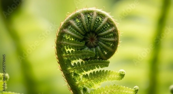 Fototapeta Fern Frond Unfurling: A captivating macro photograph reveals the delicate spiral of a fern frond as it unfurls, embodying the fresh, lively spirit of nature.