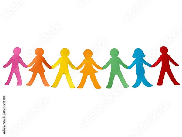 Fototapeta A colorful row of paper cutout people holding hands against a black background in a horizontal line isolated white background