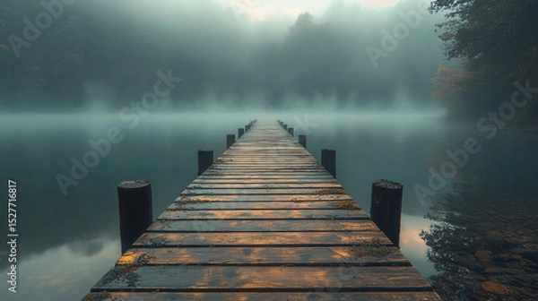 Fototapeta A wooden dock stretching into a calm lake in the morning mist