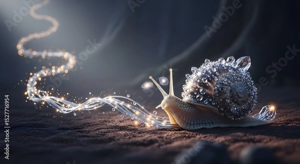 Fototapeta Luminous Snail Trail: Witness a mesmerizing display as a snail leaves behind a sparkling, illuminated trail, casting a magical glow in a captivating and enchanting scene.