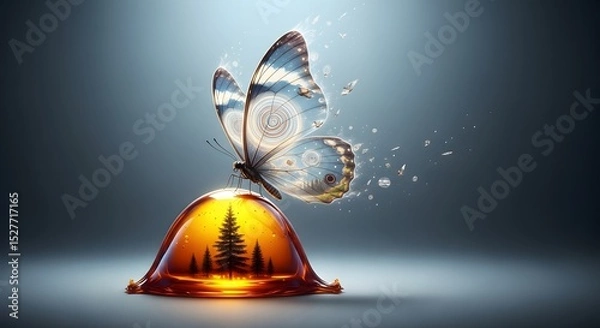Fototapeta Ethereal Metamorphosis: A delicate butterfly, its wings adorned with intricate patterns, emerges from a crystalline, resinous form. Evoking themes of rebirth, transformation, and natural wonder.