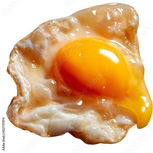 Fototapeta A close up shot of a fried egg with a bright yellow yolk against a dark background on its own isolated white background
