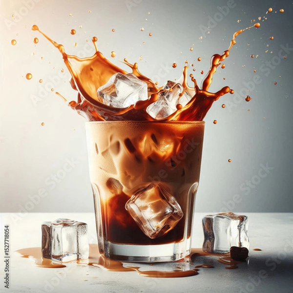 Obraz Glass of iced coffee with milk splash and ice cubes on white surface, beverage concept.