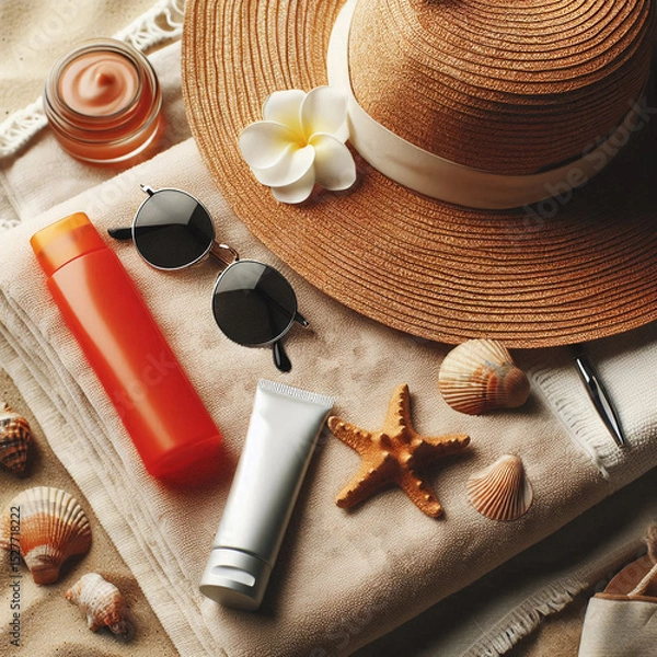 Obraz Sun hat, sunglasses, sunscreen bottles, seashells, and starfish on a beige fabric surface, representing summer beach essentials and sun protection.