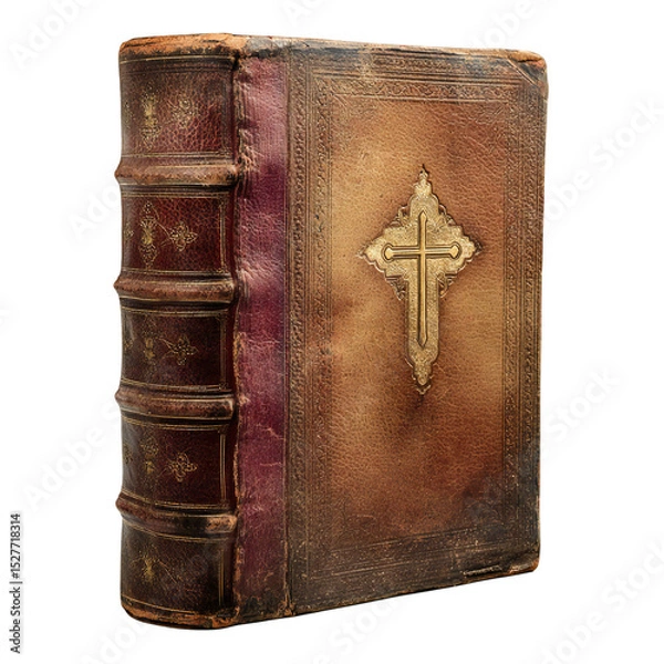Fototapeta A detailed view of an old book with a cross on the cover against a black background in high resolution isolated white background