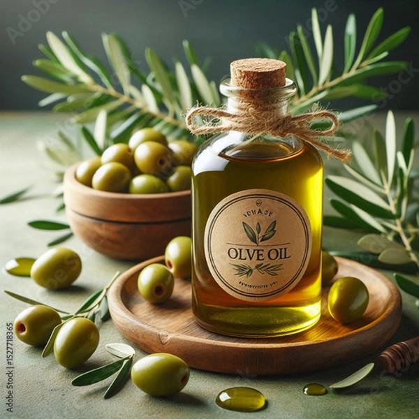 Obraz Glass bottle of olive oil with cork stopper on wooden board surrounded by green olives and olive branches, natural cooking ingredients concept.