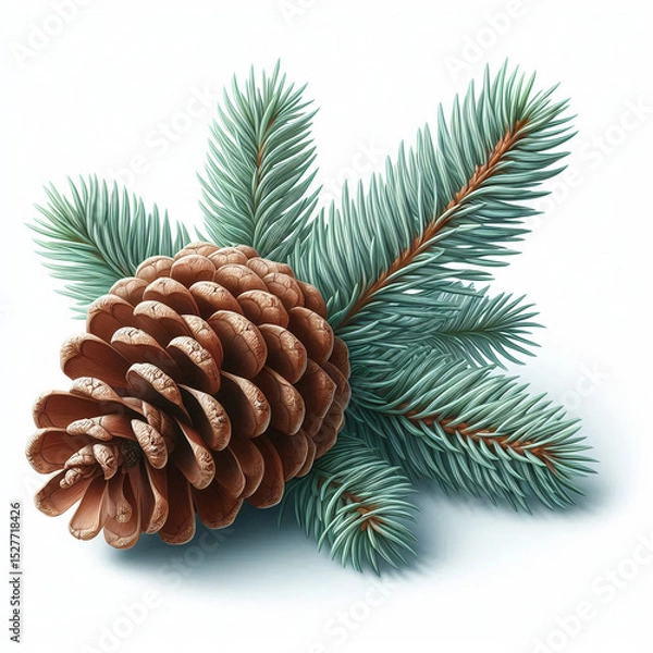 Obraz Brown pine cone with green pine needles isolated on white background. Natural evergreen plant elements.