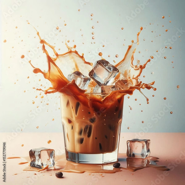 Obraz Glass of iced coffee with ice cubes splashing, coffee beans on surface, cold beverage concept.