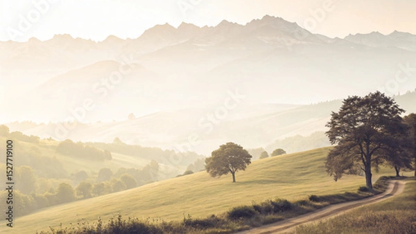 Fototapeta Misty mountain landscape at sunrise with trees, green fields, and a view of the rural countryside