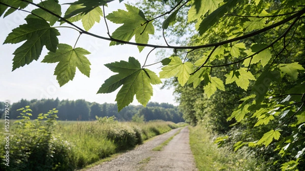 Fototapeta Road winding through a lush green summer forest, with a clear sky overhead