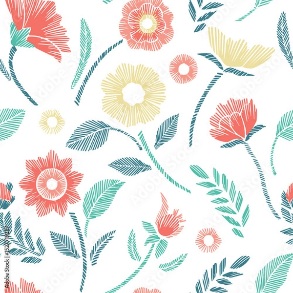 Obraz Floral Seamless Pattern with Embroidered Flowers and Leaves Vector