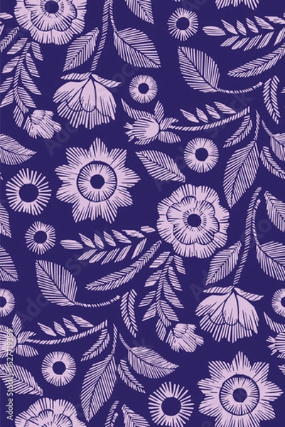 Obraz Floral Seamless Pattern with Embroidered Flowers and Leaves Vector