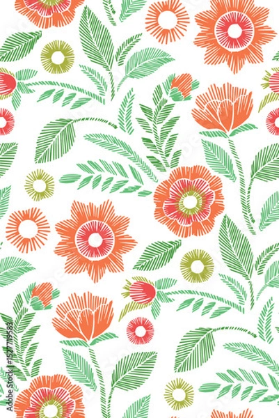 Fototapeta Floral Seamless Pattern with Embroidered Flowers and Leaves Vector